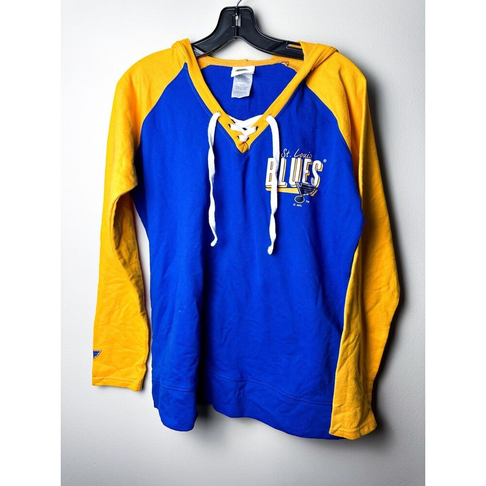 St. Louis Blues NHL Womens Pullover Hoodie Blue Yellow Large Pullover Lace Up
